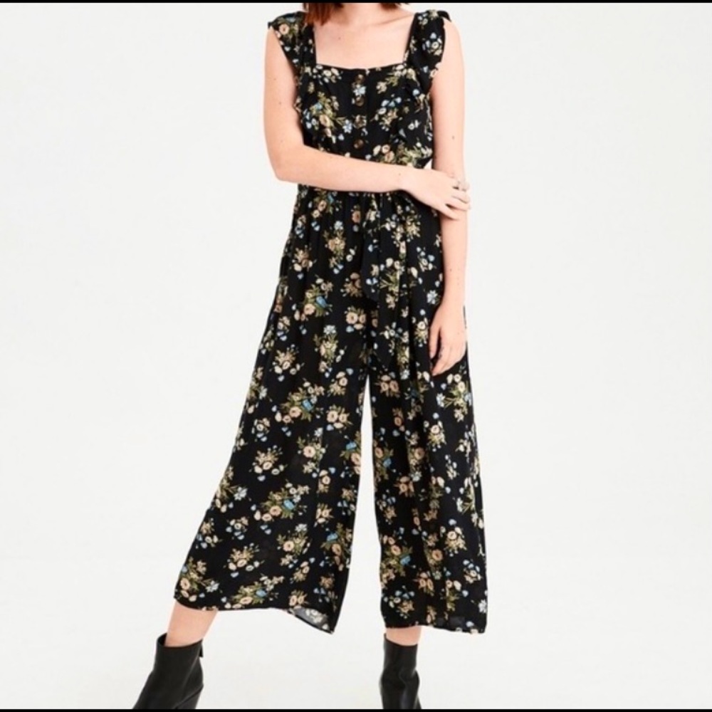 American Eagle black floral jumpsuit